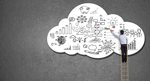 Benefits for organizations to adopt the cloud visualized through physical cloud art.