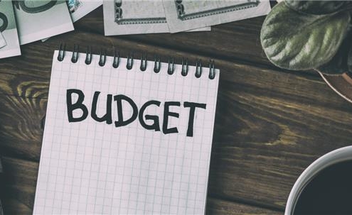 Table with coffee, plant, and notebook that spells out "budget"