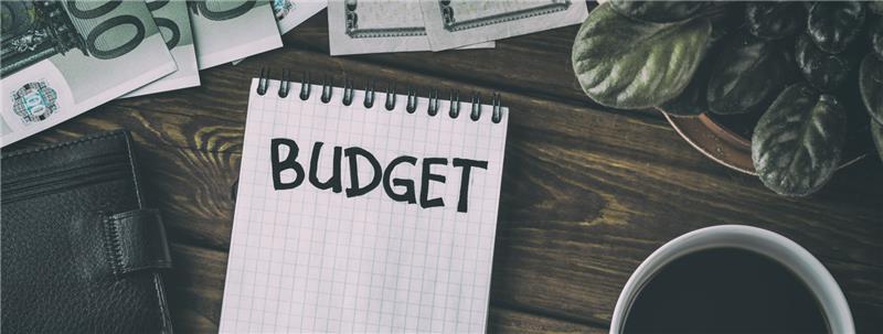 Table with coffee, plant, and notebook that spells out "budget"